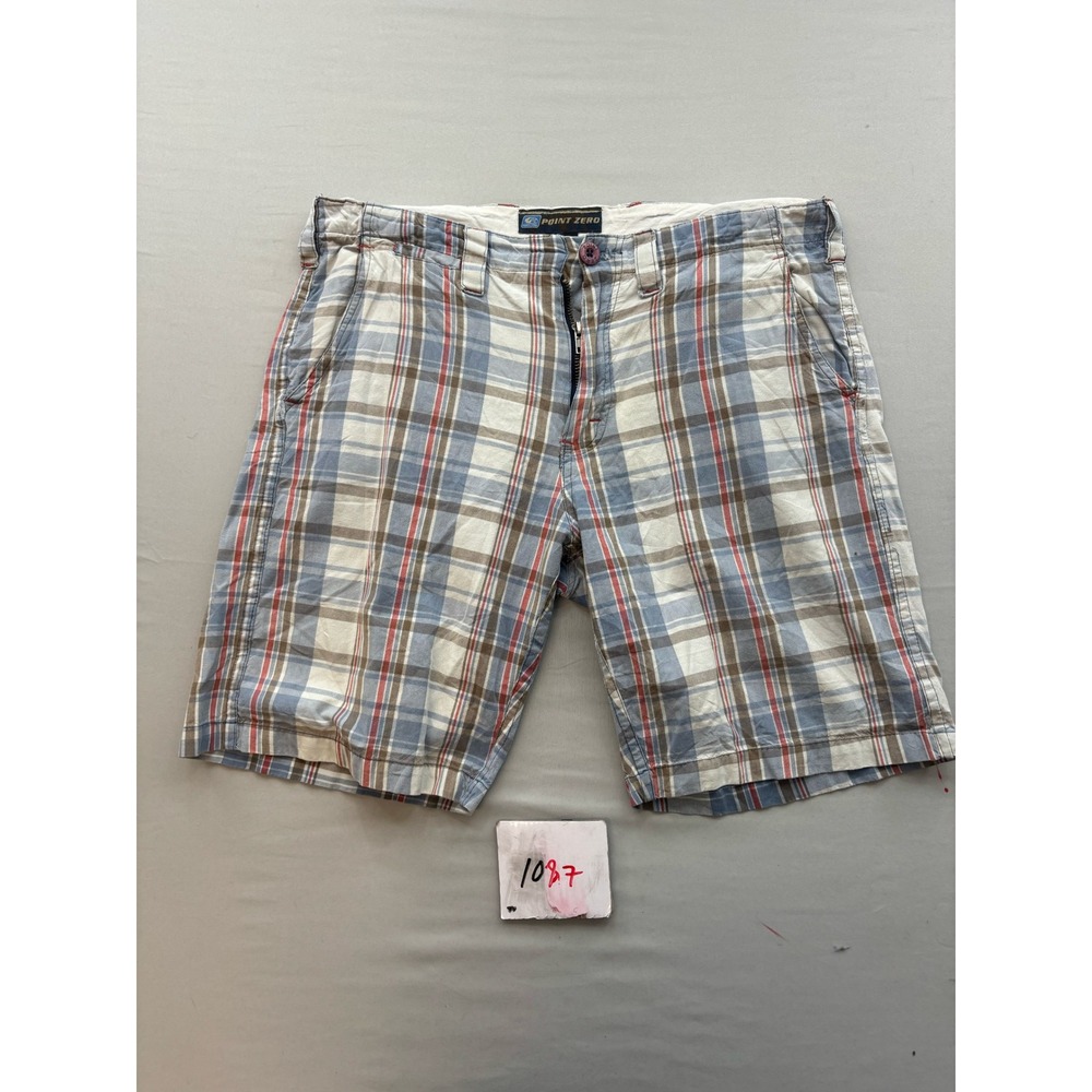 Point Zero Mens Blue Plaid Cotton Flat Front Casual Shorts Size 34